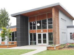 Modern building with two story glass front.