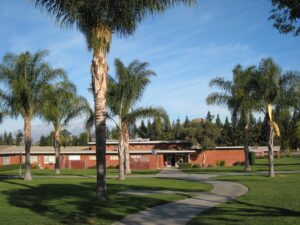 Low, brick buildings on green lawn with palm trees.